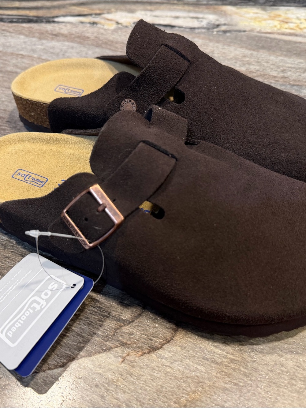 Birkenstock Women's Dark Brown Suede Clog Mule with Copper Buckle
